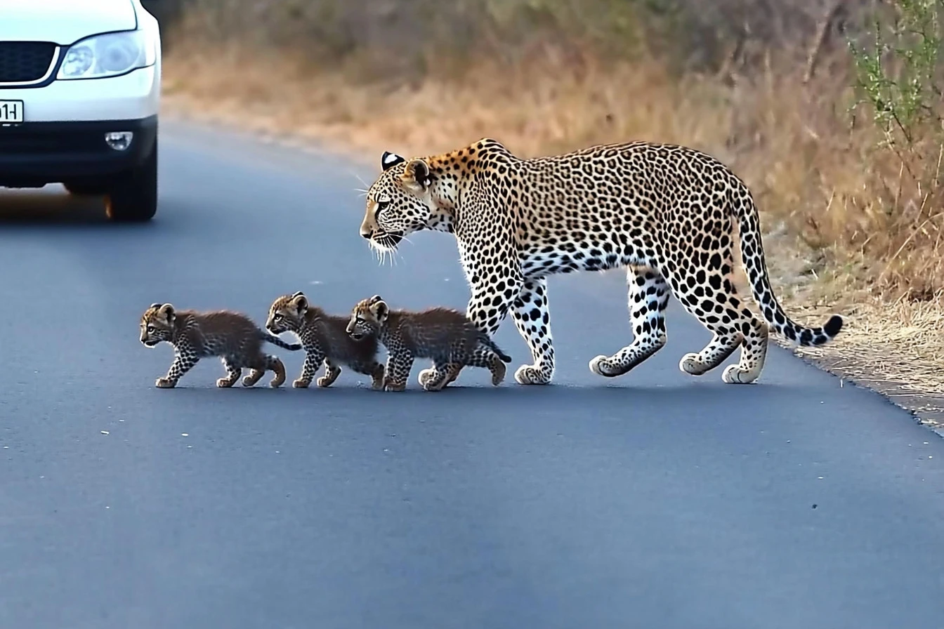 A mother leopard and her cubs