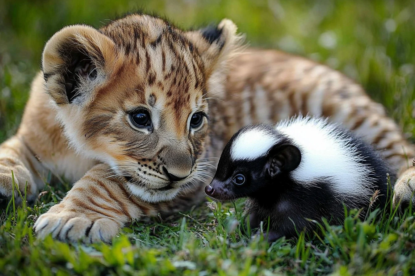 Lion cub and baby skunk